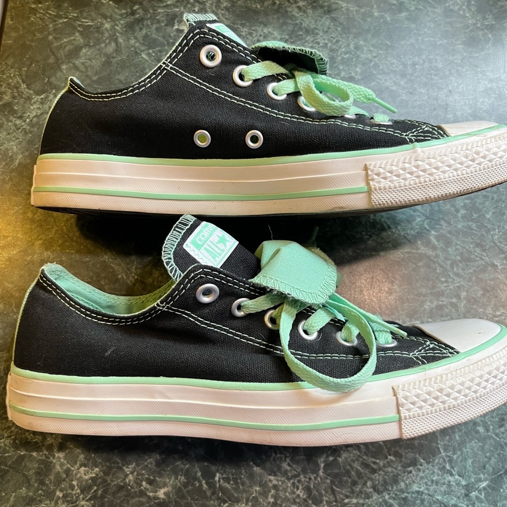 Converse Women’s Low Top Sneakers in Black and Mint with Double Tongue - Picture 5 of 8